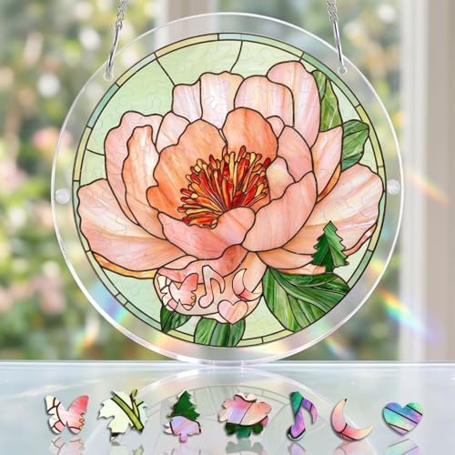Peony Jigsaw Puzzle Acrylic Suncatcher Size 14 inches, Floral Sun Catchers, Window Hanging Ornaments, Peonies Stained Glass Effect Decor by GIKZO