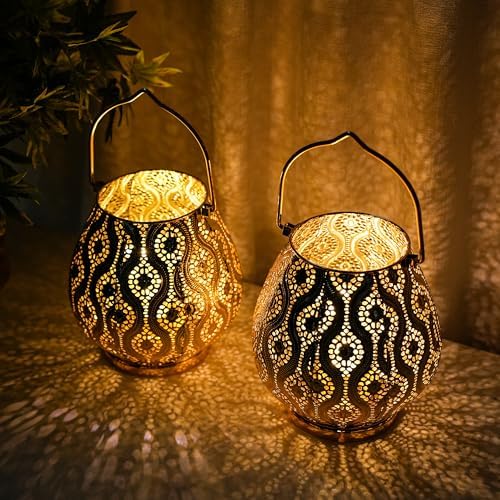 TRIROCKS Set of 2 Moroccan Decorative Lamps 8'' High Cordless Lamp Metal Table Lamps with Fairy Lights Bulb for Home Living Room Garden Yard Party Events Tabletop Indoor Outdoor(Gold) - Image 5