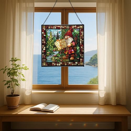 Gnome with Treasure map Stained Glass Suncatcher – Square Hanging Window Panel for Home, Garden, Nursery, Halloween, Christmas, Memorial Day – Whimsical Glass Art Gift for Gnome Lovers lfqkjl - Image 6