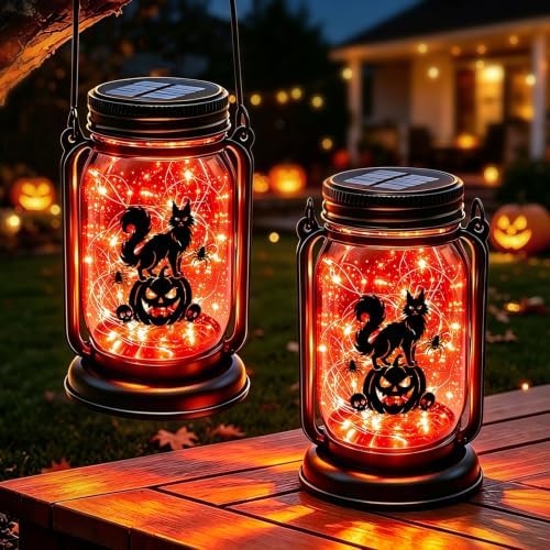 Halloween Solar Lanterns-Cat&Pumpkin Decor Orange Hanging Mason Jar Lights by YJFWAL