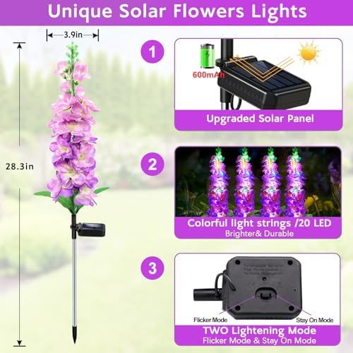 MRHEPHAESTUS Solar Garden Lights, Solar Purple Delphinium Flowers Lights 8 Pack 160 LEDs, Waterproof Outdoor Light Two Lighting Modes for Outside Wedding Party Garden Yard Patio Lawn Decor - Image 2