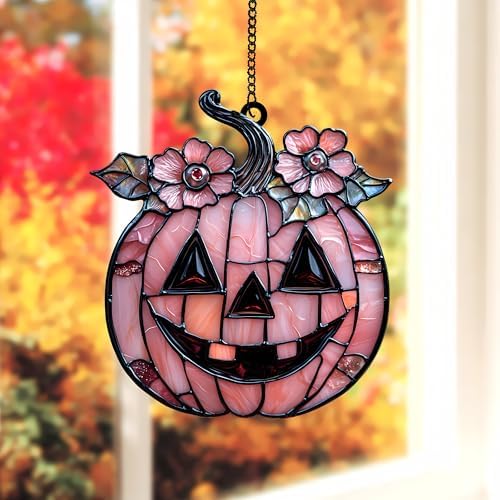 Pumpkin with Autumn Petals Acrylic Suncatcher - Faux Stained Glass Indoor Window Hanging Ornament, Outdoor Sun Catcher Panel, Home Decor Gift for Halloween Lovers by Unknown