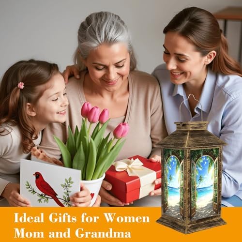 Solar Lantern Outdoor Waterproof Window Beach Sunset Ocean Landscape Palm Tree Tropical Coastal Scenery Garden Decor LED Solar Lights Hanging/Tabletop Lamp Gifts for Women Mom for Outside Yard Patio - Image 4