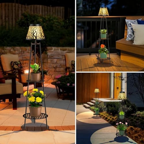 2 Pack Solar Floor Lamps Outdoor with 2-Tier Plant Stand, Metal Tall Planter Holder with Waterproof LED Lantern, Decorative Patio Light & Flower Pot Display Rack for Garden, Deck, Porch, Balcony - Image 5