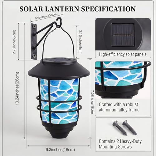 Solar Lanterns Outdoor Hanging Lights Mosaic Blue Stained Glass Glass Wall Lantern 2 Pack, Waterproof Decorative Solar Sconce with Wall Mount Kit for Garden Porch Fence Chicken Coop Summer Decor - Image 6