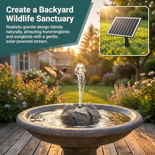 Realistic Granite Rock Solar Bird Bath Fountain - Premium Solar Fountain for Bird Bath, Full Water Pump Kit & Nozzles to Attract Hummingbirds to Your Garden (Grey) - Image 4