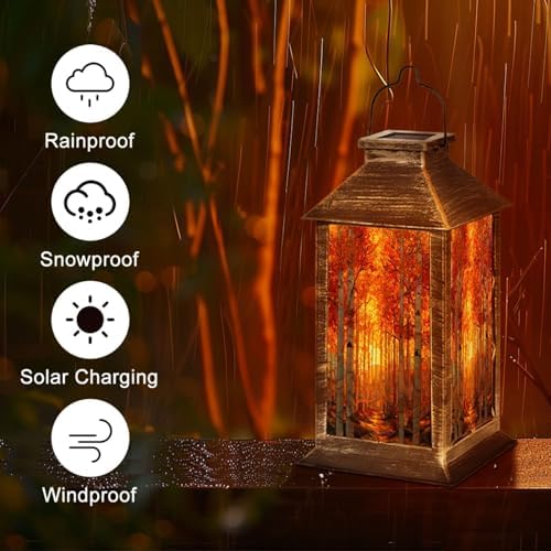 Solar Lantern Autumn Fall Forest Stained Glass Window Birch Tree Maple Leaves Outdoor Garden Hanging Lantern Waterproof Solar Powered Lighting Outside Table Lamp for Deck Yard Camping Patio Decor - Image 5