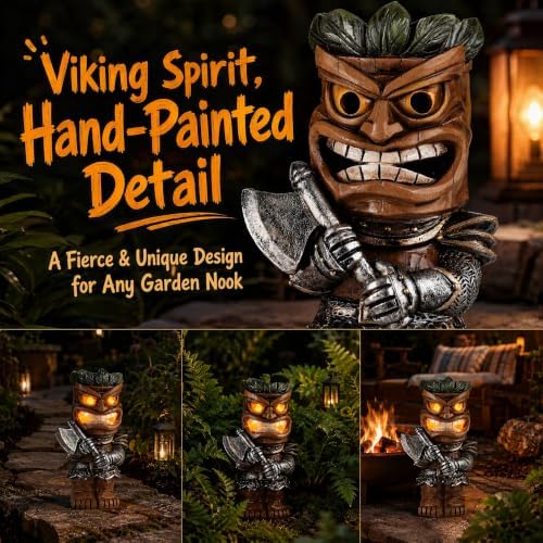 10" Solar Tiki Statue, Viking Warrior with LED Eyes, Outdoor Tiki Decor - Image 7