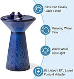 Glitzhome 27.5"H Outdoor Garden Water Fountain with LED Lights and Pump, Cobalt Blue Two Birds Embossed Plant Pattern Pedestal Ceramic Floor-Standing Fountain for Porch Deck Patio Backyard Decoration - Image 3
