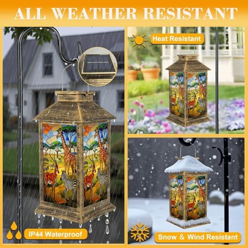 Solar Lantern Outdoor Waterproof African Savanna Wildlife Stained Glass Giraffe Zebra Antelope Garden Decor LED Hanging Solar Lights Tabletop Lamp Gifts for Women Mom Outside Yard Patio Porch - Image 3