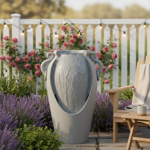 XBrand 34" Solar Pot Fountain, Amphora-Inspired Design, Outdoor Water Fountain, Polyresin, Gray - Image 2