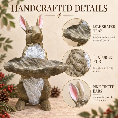 Garden Statues Bunny Sulpture with Leaf-Shaped Tray Fall Decor 22.44 Inch - Image 2