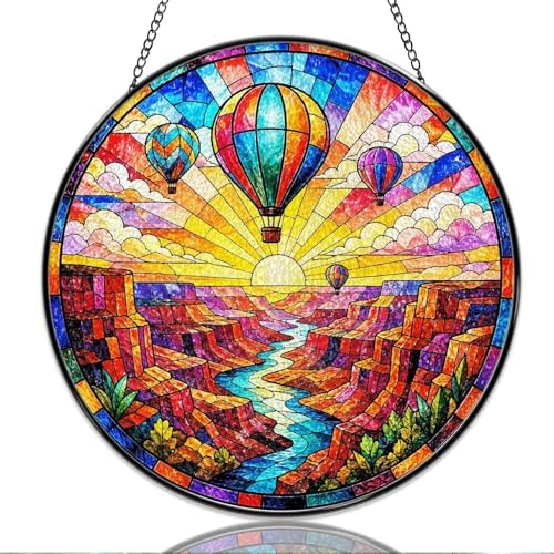 9.84 Inch Stained Glass Window Hanging Hot Air Balloon Canyon Landscape Sun Catchers Colorful Sunrise Sky Adventure Suncatchers for Home Porch Garden Indoor & Outdoor Decor by Unknown