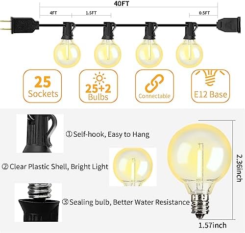 40 ft 25 Warm White G40 LED Outdoor String Light, Plug-in Globe Patio Light - Image 5