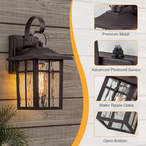 2 Pack Dusk to Dawn Outdoor Wall Lights, Brown Porch Lanterns - Image 5