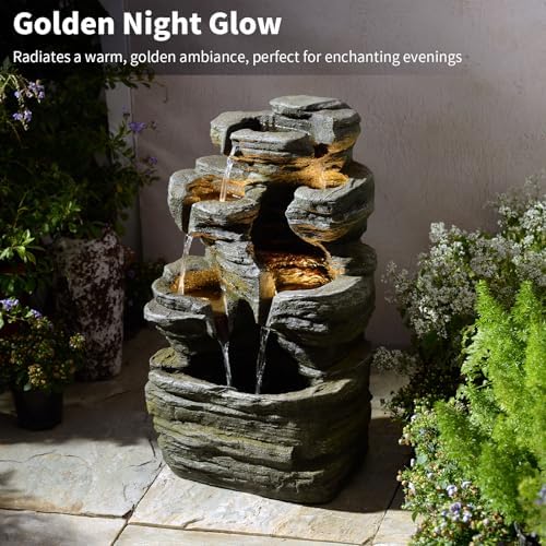 Bumilgar Outdoor Water Fountain 6-Tier Stacked Rock Design with LED Lights - Image 2