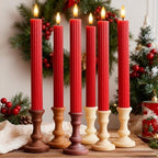 6 Pack, 10" LED Flameless Real Wax Red Fluted Ribbed Grooved Taper Candles, Remote & 24h Timer Memory, On/Off Button, Dimmable, Flicker Mode, Battery Operated, Wedding by WestIvory