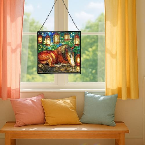Bay Miniature Horse Curled Near Garden Lanterns Square Suncatcher – Stained Glass Style Window Panel with Pastoral Scene, Custom Decorative Hanging Art for Equestrian Home, Christmas GgGXzA - Image 5