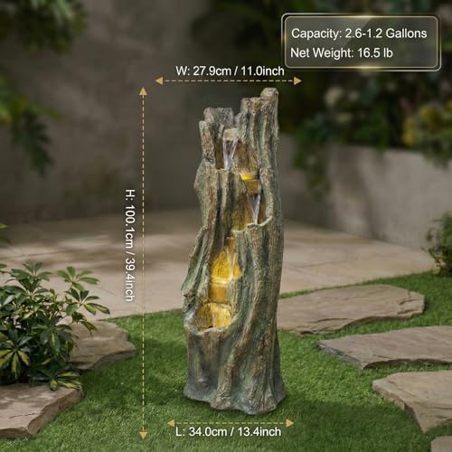 39.4''H Waterfall Outdoor Fountain with Energy-Efficient LED Lights, Lightweight Garden Fountains, Outdoor Water Fountain Décor for Patio Lawn Backyard, Easy Assembly, Grey - Image 2