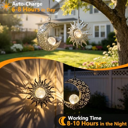 Solar Sun & Moon Lanterns Set, Hanging Decor for Garden, Gifts for Grandmom - Image 6