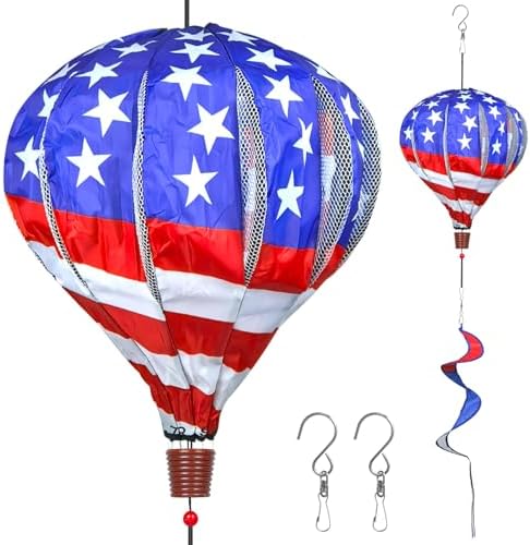 2PCS Giant Patriotic Hot Air Balloon Wind Spinners 14" W x 59" H Large American Whirligig Wind Spinner Hanging Ornaments for Memorial Day July of 4th Yard Garden Lawn Outdoor Decorations by DECEED