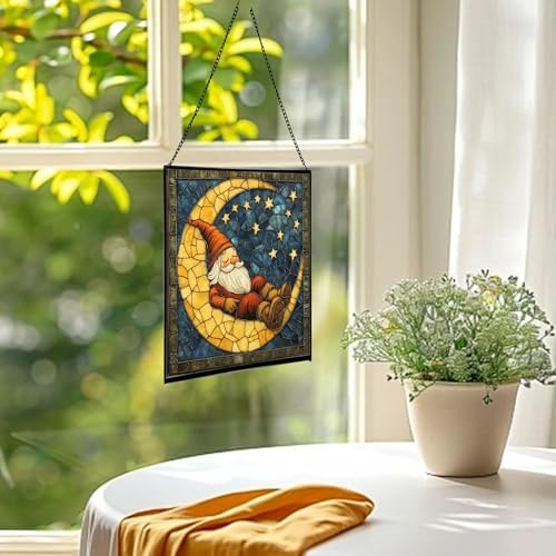 Crescent Moon Gnome Stained Glass Suncatcher – Square Hanging Window Panel for Home or Greenhouse – Whimsical Glass Art Gift for Garden Lovers, Christmas, Halloween, Father Days OF6pkY - Image 3