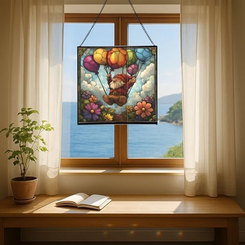 Flower Balloon Lift Gnome Stained Glass Suncatcher – Square Hanging Window Panel for Home or Greenhouse – Whimsical Glass Art Gift for Garden Lovers, Christmas, Halloween, Father Days 6a0pyd - Image 6