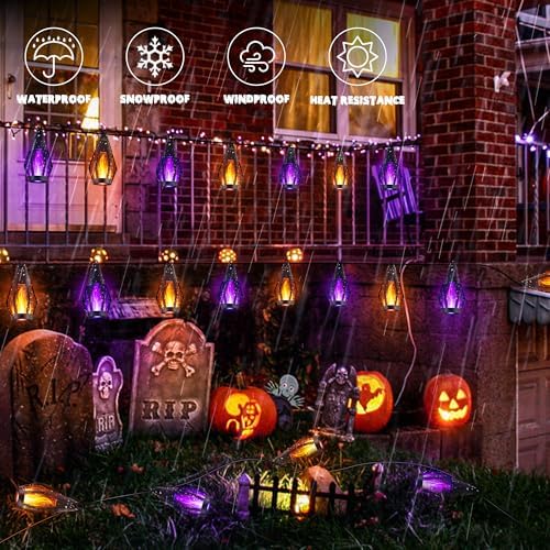 iBaycon 42FT 15 LED Solar Flame Halloween String Lights, Warm White+Purple - Image 5