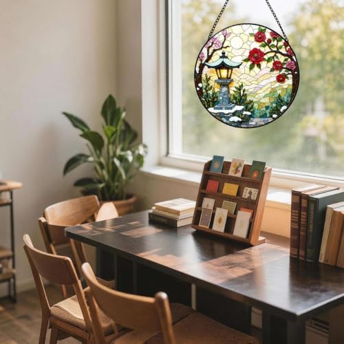 Stained Glass Suncatcher Asian Garden Lantern Window Hanging Red Floral Art Decor Gift for Mom Housewarming Unique Home Ornament Indoor Outdoor Window Panel Gift (Mixed,11.8x11.8IN) - Image 5