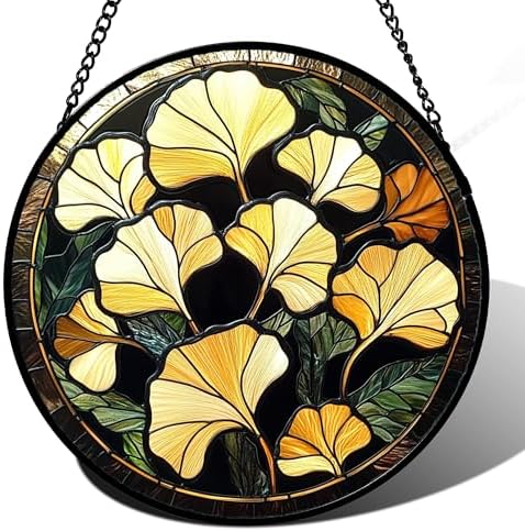 Ginkgo Leaves Stained Glass Window Hanging Suncatcher Gifts for Women 15" by Follow