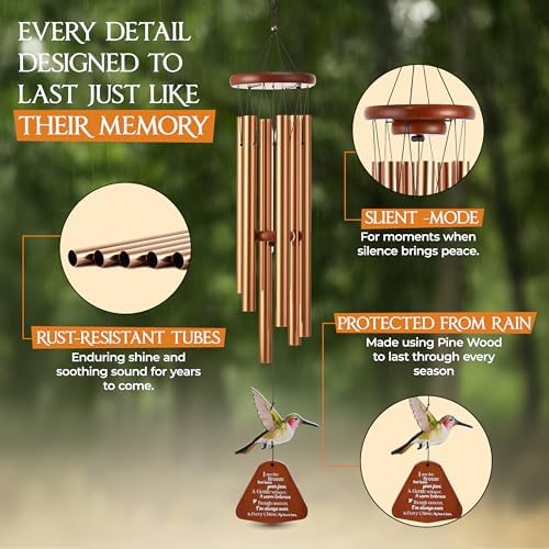 32 inch Golden Hummingbird Memorial Wind Chimes for Loss of Loved One - Image 5