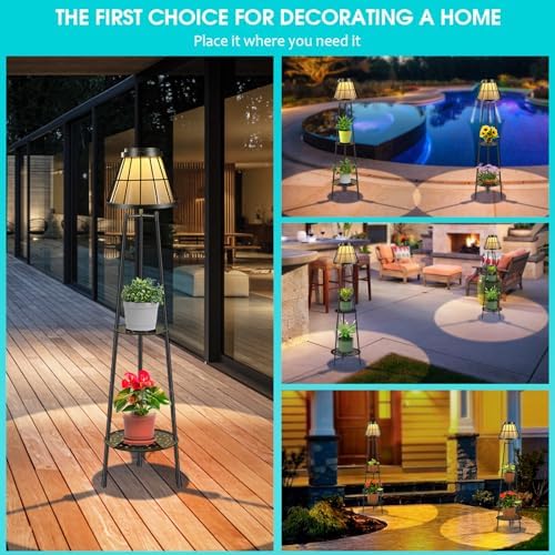 MXwcy 2-Tier Solar Plant Stand with Light, Modern Outdoor Floor Lamp with Classic Grid Lantern, Waterproof Tall Metal Planter Display Rack for Patio, Porch, Balcony, Garden Decor (2 Pack) - Image 6