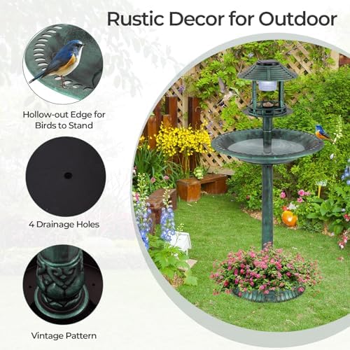 GIANTEX 42 inch Bird Bath Solar Lighted, Pedestal Bird Bath with Bird Feeder, Flower Planter Base, Solar Powered Lamp, 3 Ground Stakes, Standing Birdbath for Outside Garden Yard Outdoor (Green) - Image 5