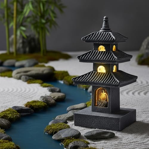 Pagoda Garden Statue, 10 Inch Weatherproof Solar Garden Decor, LED Light Zen Japanese Lantern for Backyard Balcony Patio Lawn Yard, Grey, Décoration de Jardin - Image 4