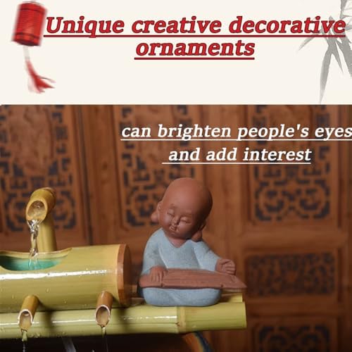 Solar Garden Bird Bath Bamboo Fountain, Outdoor Bamboo Water Flow Device with Water Pump, Creative Ornaments with Ceramic Monk, 4 Water Outlets, for Indoor, Backyard, Lawn,30in - Image 5