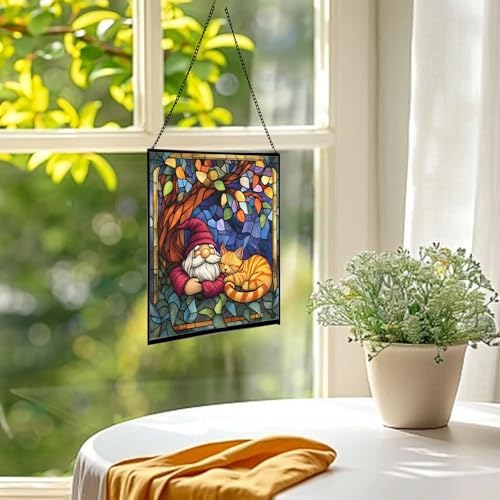 Gnome and Cat Nap Stained Glass Suncatcher – Square Hanging Window Panel for Home or Greenhouse – Whimsical Glass Art Gift for Garden Lovers, Christmas, Halloween, Father Days YLlkJi - Image 3