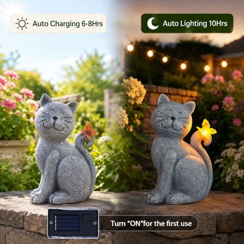 Solar Cat Garden Statue: Outdoor Figurine with Butterfly - Image 4