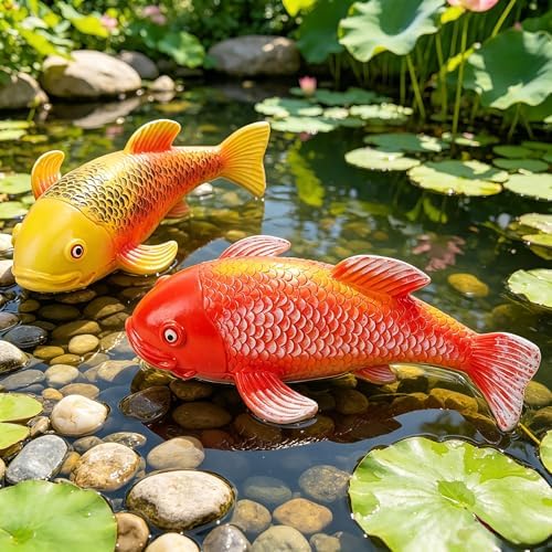 Teaeeno Set of 2 Koi Fish Garden Stakes, Red & Gold Resin Sculptures, Weatherproof Outdoor Patio Pond Decor, Feng Shui Yard Art, Easy Setup Gift (Red & Yellow) - Image 2
