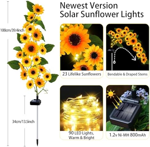 Solar Garden Lights Outdoor, Solar Sunflower Lights with 46 Lifelike Sunflower, Waterproof 90 Bright LED Fall Flowers Garden Decor for Patio Flower Bed Yard, Gift for Mom (2 Pack) - Image 2