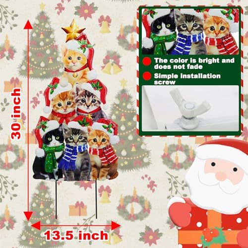 Cat Christmas Garden Stakes 30in Metal Santa Hat Stacking Yard Decor - Image 2
