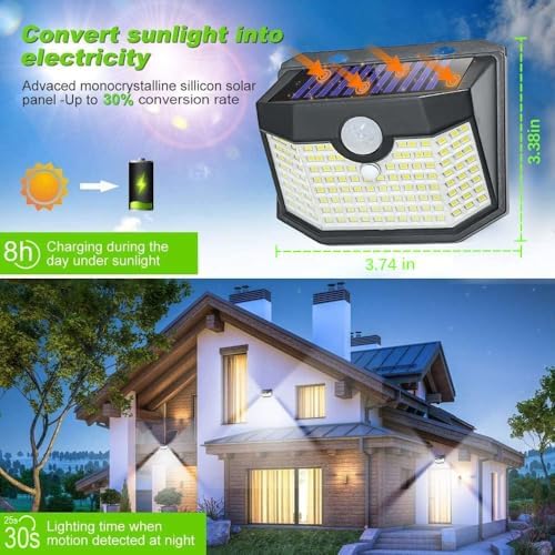 HMCITY Outdoor Solar Lights 120 LED with Motion Sensor and 3 Lighting Modes, IP65 Waterproof, 130 ° Wide Solar Wall Lights Powered for Garden Patio(Front Button 10Packs, Black Shell-Daylight White) - Image 4