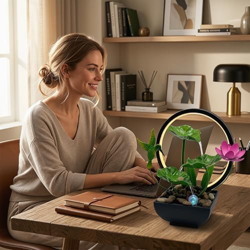 Tabletop Fountain,Indoor Water Fountain,Home Fengshui Décor Zen Relaxation Soothing Sound Machine for Office,Living Room,or Bedroom,Green Lotus,Hummingbird & Pink Flower,10.2inch - Image 3