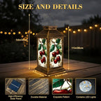 Solar Lantern Outdoor Garden Hanging Lantern Stained Glass Cherry Branch Green Leaves Red Fruit Vintage Style Waterproof Solar Powered Lighting Outside Table Lamp for Patio Deck Yard Camping - Image 2