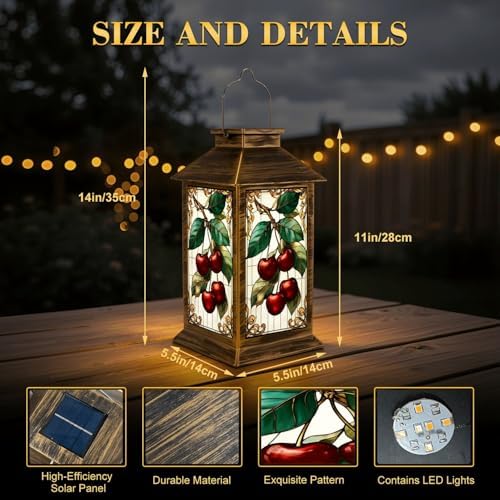 Solar Lantern Outdoor Garden Hanging Lantern Stained Glass Cherry Branch Green Leaves Red Fruit Vintage Style Waterproof Solar Powered Lighting Outside Table Lamp for Patio Deck Yard Camping - Image 2