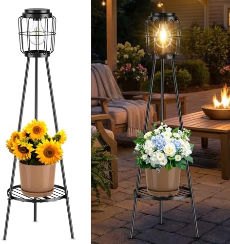 MXwcy Solar Lights Outdoor with LED Edison Bulbs, Solar Floor Lamp with Plant Stands for Garden Yard Pathway Driveway Front/Back Porch Decoration by MXwcy