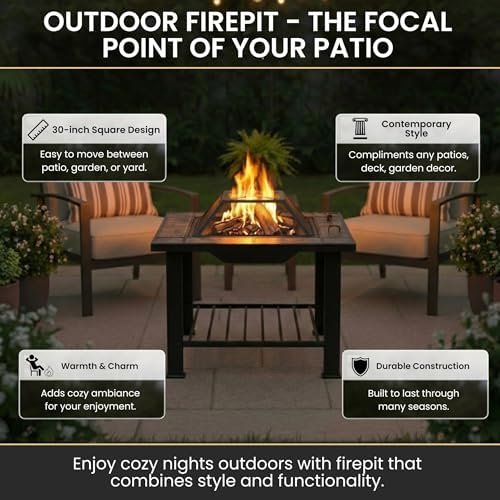 Fire Pit - 30-Inch Outdoor Firepit Table with Screen, Cover, and Poker - Outdoor Fire Pits for Backyard, Deck, Patio, or Porch by Pure Garden (Black) - Image 2