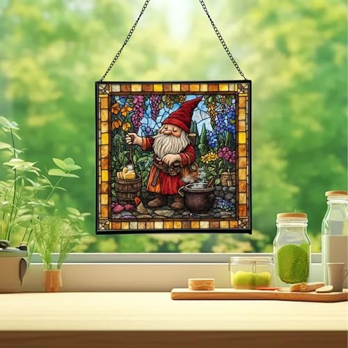 Gnome Making soap Stained Glass Suncatcher – Square Hanging Window Panel for Home, Garden, Nursery, Halloween, Christmas, Memorial Day – Whimsical Glass Art Gift for Gnome Lovers gnbpot - Image 2