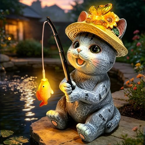Solar Garden Cat Statues, Outdoor Fishing Cat with Butterfly Solar Lights by stadeco