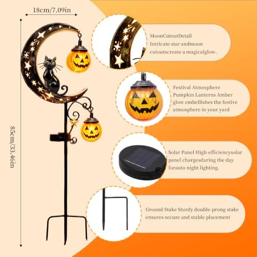 2026 News Solar Halloween Black Cat and Pumpkin Moon Garden Stake Light 4PCS, Hanging Pumpkin Lanterns Outdoor for Pathway, Yard, Patio and Lawn Decor.Powered Entirely by the Sun - Image 3