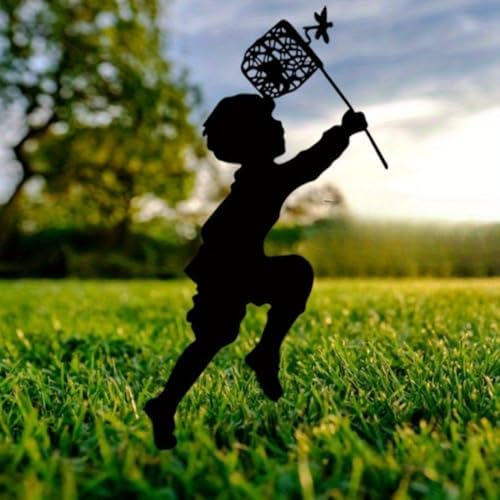 Vintage Metal Garden Stake - Rustic Outdoor Decor with Boy Catching Butterfly Design, Durable Freestanding Yard Art for New Year’s & Holiday Enhancements - 34cm x 16cm(Black) by Unknown